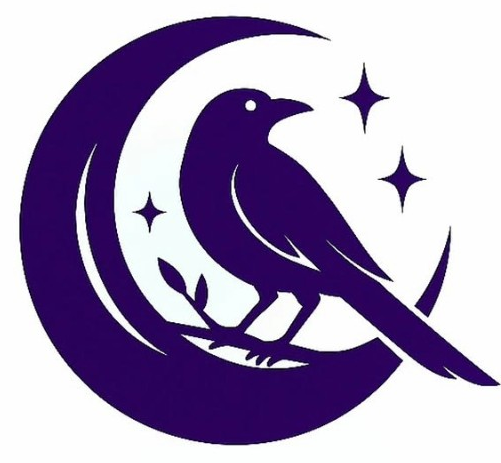 A silhouette of a bird perched on a crescent moon with stars in the background.