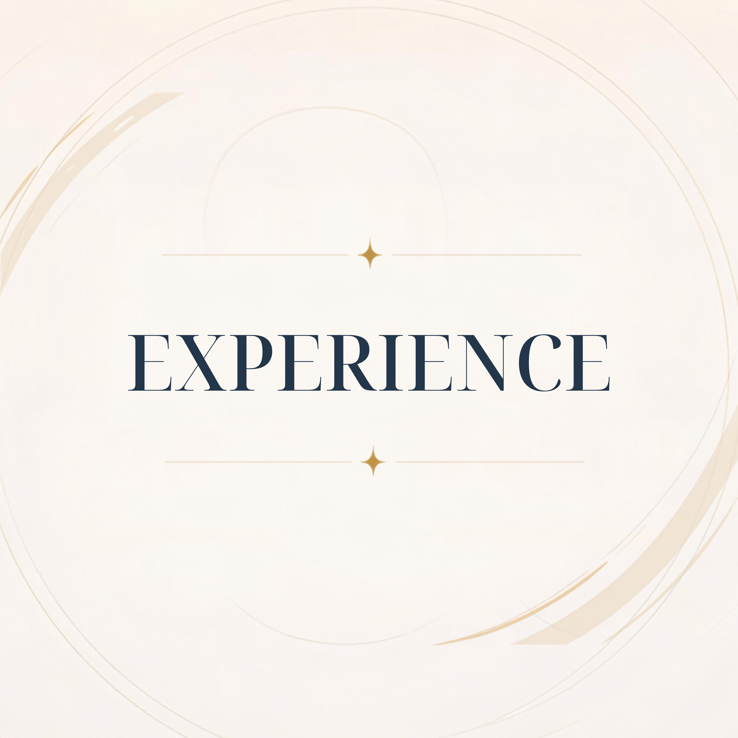 Close-up of a white background with light gold swirling lines and the word 'EXPERIENCE' in large navy blue font.