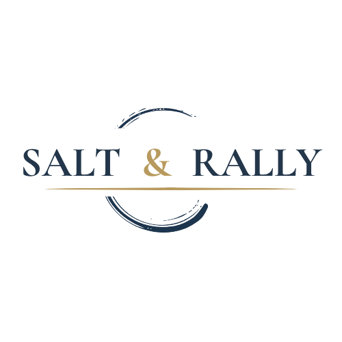 Logo for Salt & Rally with black background and white rectangle containing the text.