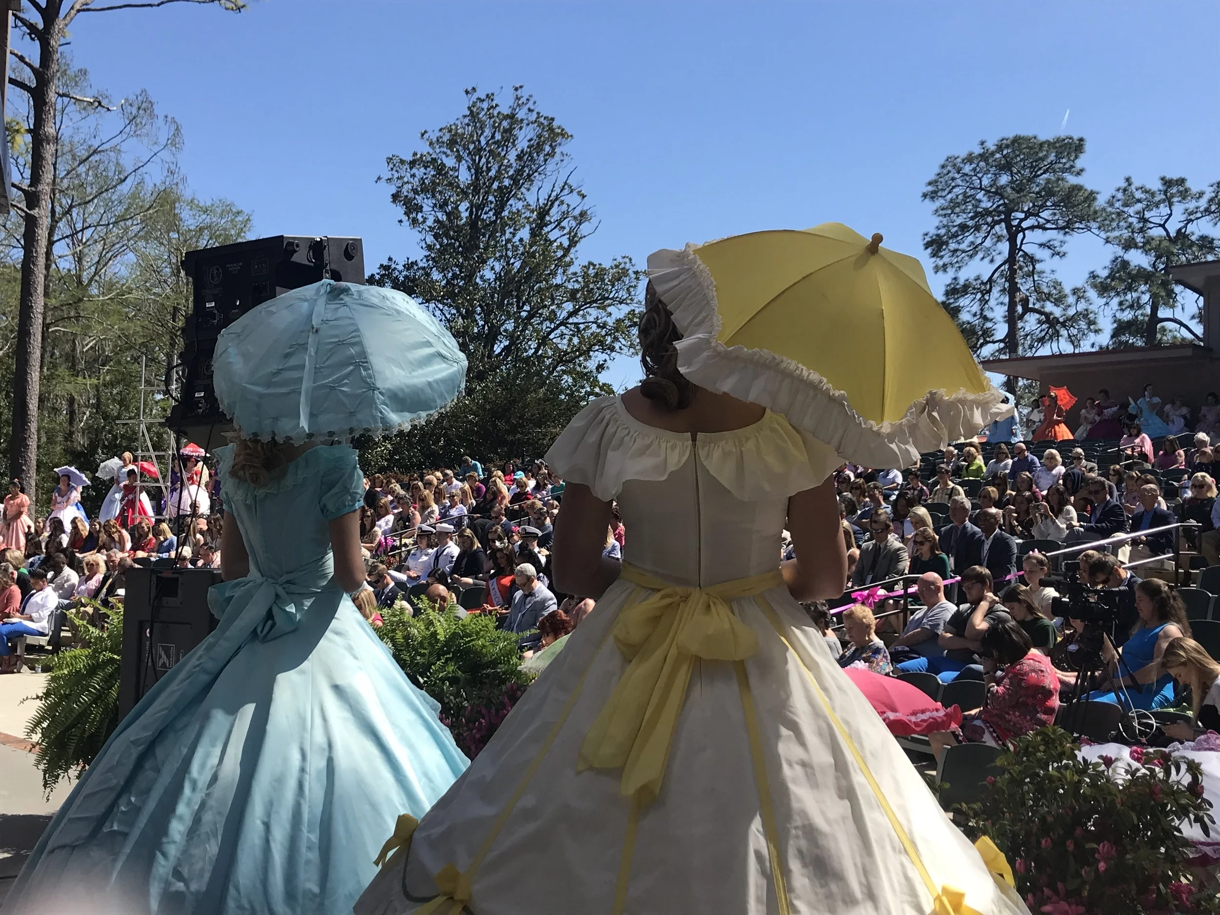 Photo of the backs of two Azalea Belles, facing out to an audience in an arena