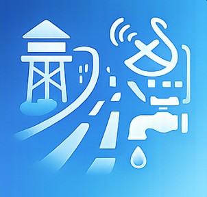 White line icon of roads, water systems, communications, and utilities, representing infrastructure that keeps up with growth.