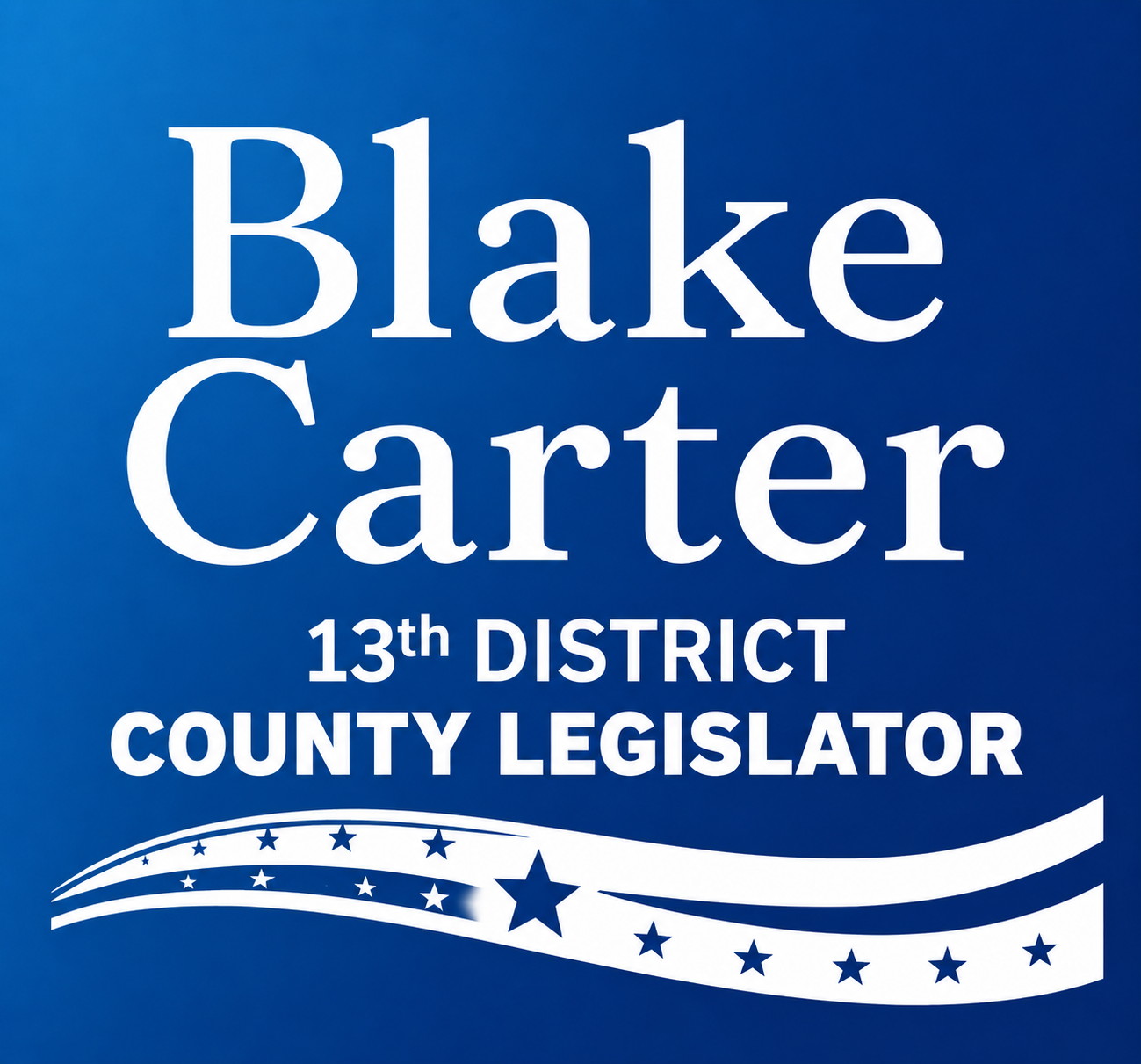 Blake Carter campaign logo reversed on a blue gradient background with white text and a patriotic star-and-stripe swoosh for Onondaga County 13th District County Legislator.