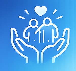 White line icon of older adults supported by hands with a heart above them, representing dignity, care, and support for seniors.