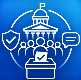 White line icon of a government building, ballot box, voters, shield, and speech bubble on a blue gradient background, representing good government, voter voice, transparency, accountability, and public participation.