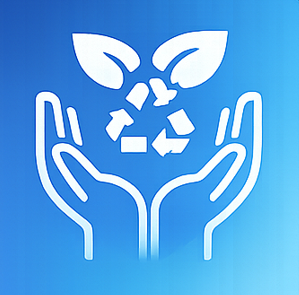 White line icon of hands holding leaves and a recycling symbol, representing environmental protection, sustainability, and natural resources.