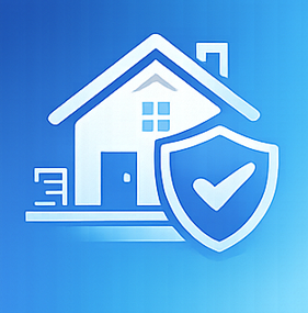 White line icon of a house with a shield and check mark, representing safe, stable, and affordable housing.