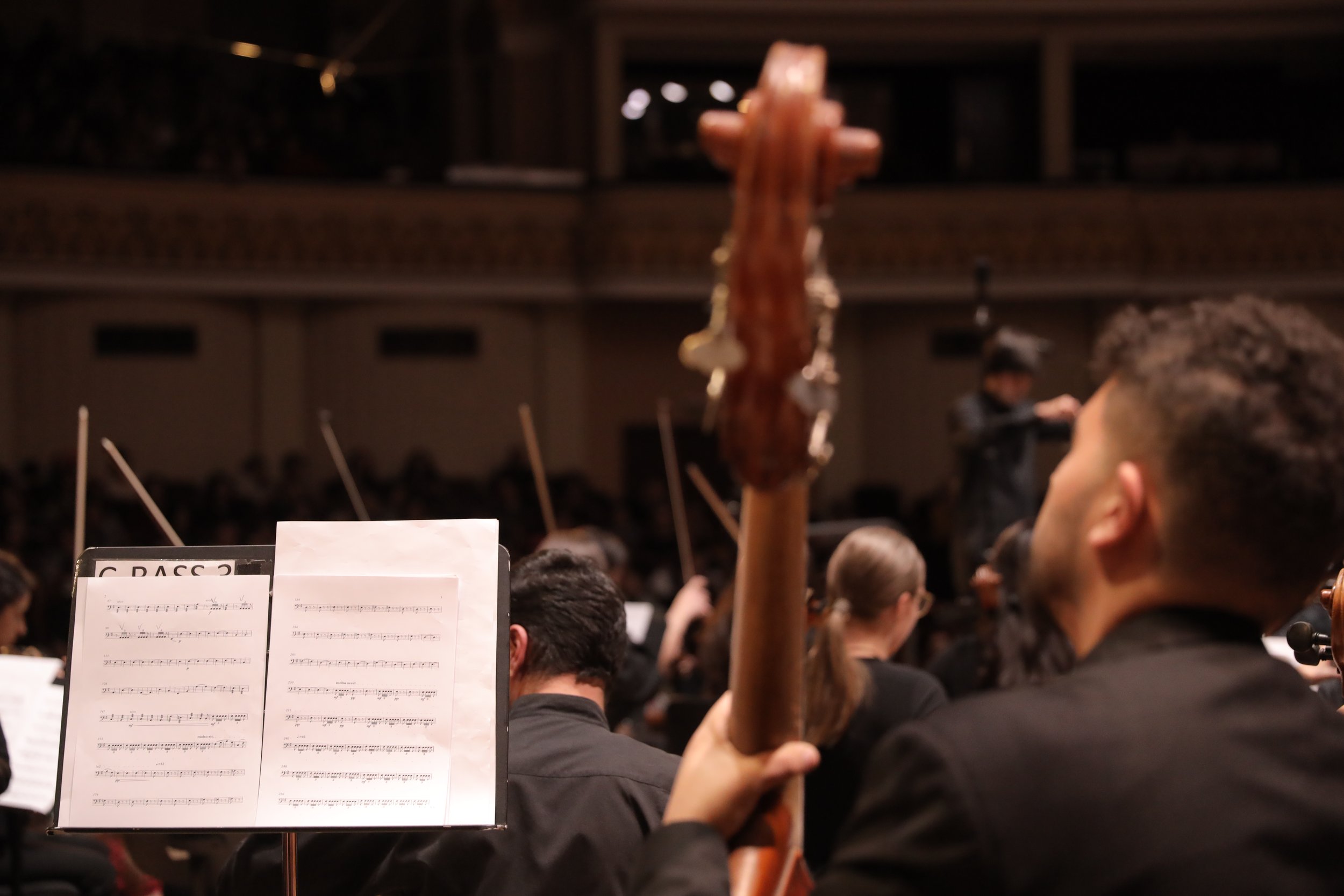 An orchestra conductor or musician holding a wooden string instrument, possibly a bass, in a concert hall filled with people. Sheet music is visible in the foreground. The background shows part of the stage and some orchestra members.