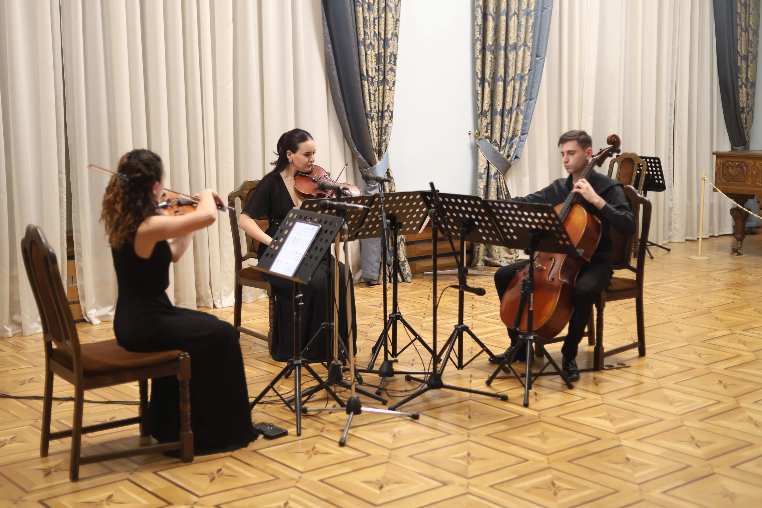 Four musicians in formal attire playing string instruments — violin, viola, and cello — in an elegant room with tall curtains and wooden flooring.