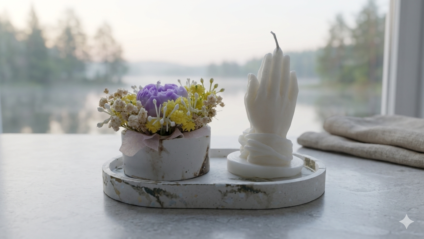 Velas decorativas, una con flores artificiales y otra en forma de mano, en un escenario frente a una ventana con vista a un lago y árboles.