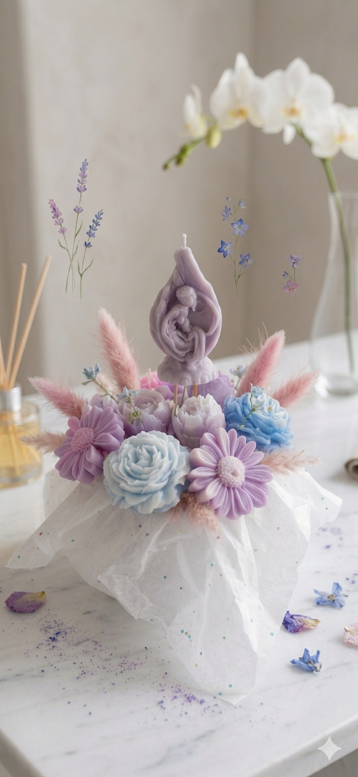 Una decoración con velas en forma de flores y figuras de color pastel, rodeadas de flores secas, en un entorno de tonos suaves y delicados.