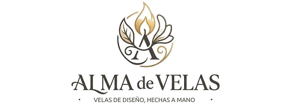Logo que dice "Alma de Velas" con una vela decorativa en dorado y tonos grisáceos.