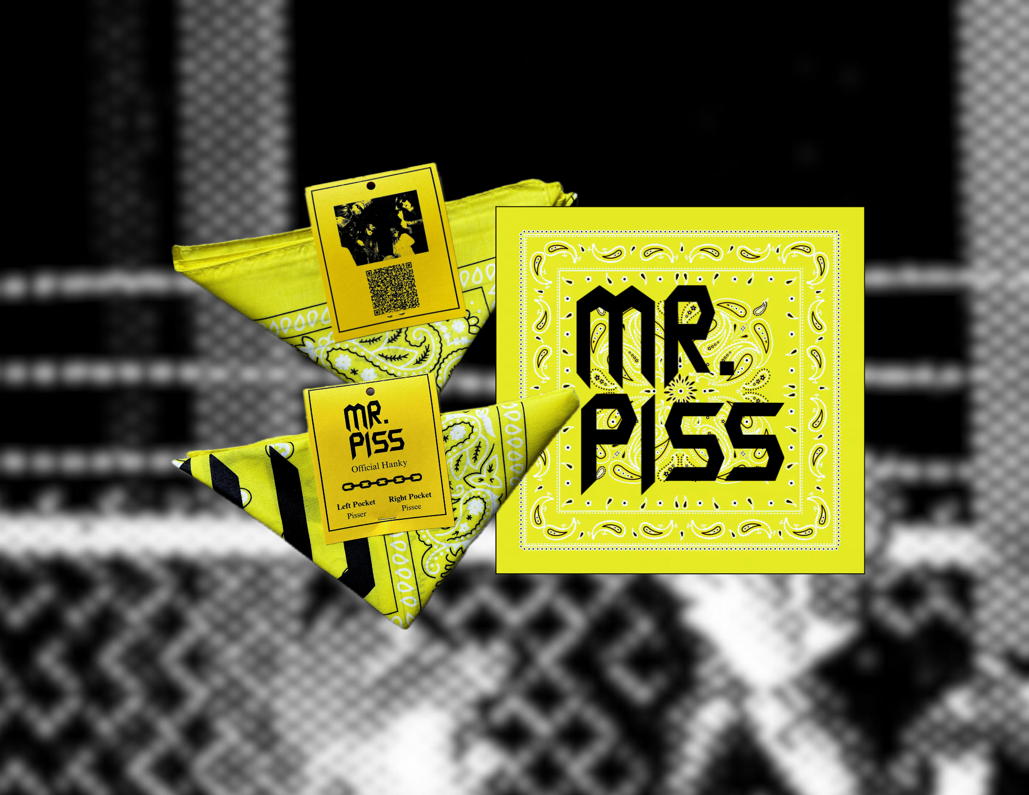 yellow hanky with paisley pattern and MR PISS logo printed large in the center