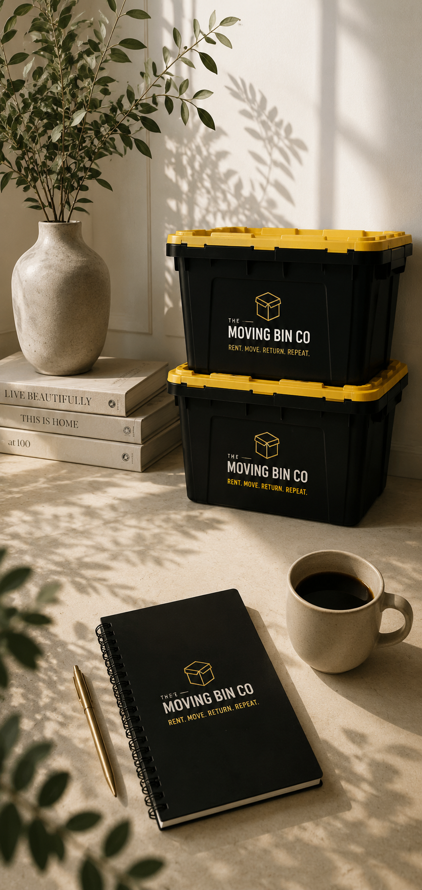 Two black storage bins with yellow lids labeled 'The Moving Bin Co' next to a stack of three white books with 'Live Beautifully,' 'This is Home,' and 'At 100' on the spines, a beige coffee mug filled with coffee, a black spiral notebook with the logo and slogan 'Rent. Move. Return. Repeat.' on the cover, and a gold pen on a beige surface. A potted plant with green leaves casts shadows on a white wall.