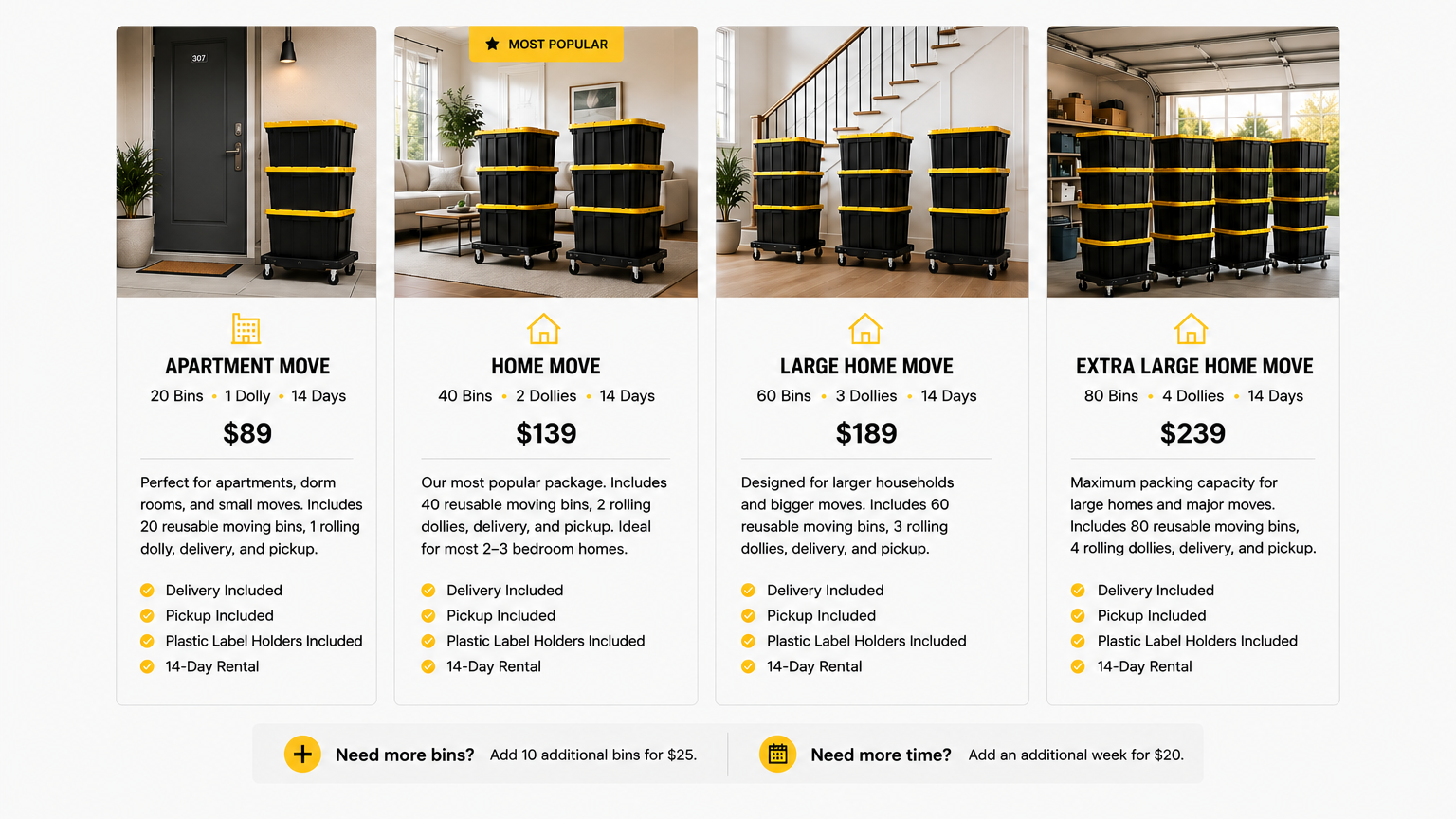 Advertisement for moving bins showing four images of black storage bins with yellow lids and handles in different room settings. The ad details four options for apartment, home, large home, and extra large home moves, with prices, features, and included services listed.