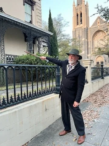 Steven Stirling Little pointing out interesting details on a Historic Walking Tour with Little Wilmington Tours.