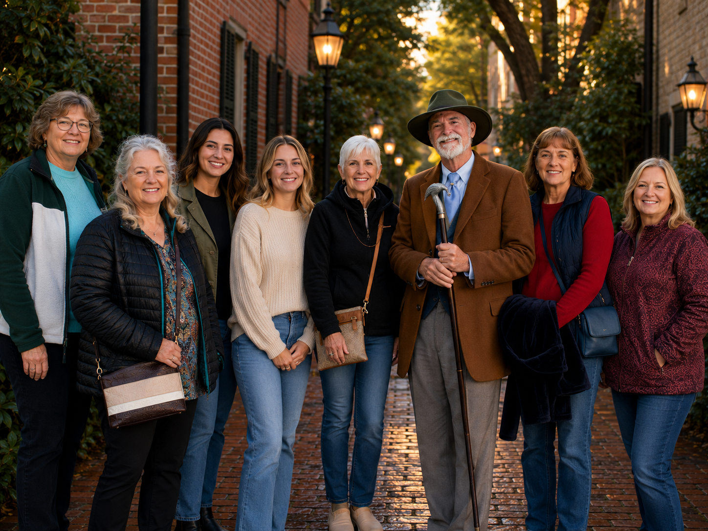 Group of eight diverse women standing outdoors on a brick street, smiling, with warm lighting and trees in the background.
