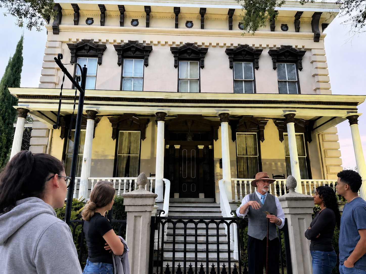 A historical house with a group of people and a guide outside, with black and white columns and a front porch.