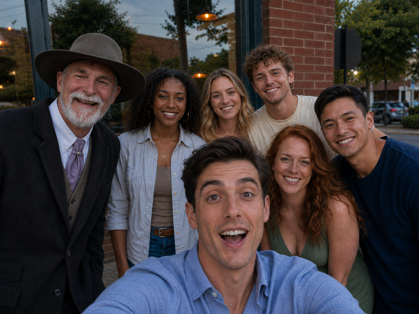 Group of eight people smiling for a selfie outside near a brick building with trees, cars, and streetlights in the background during early evening.