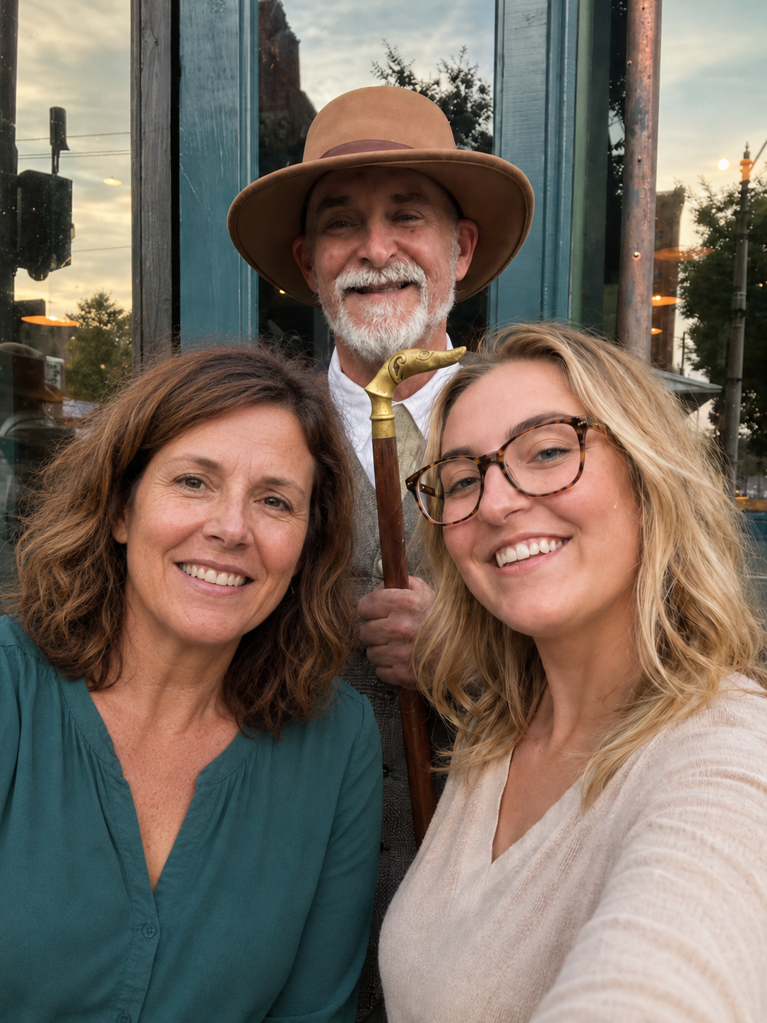 Three women and an older man smiling for a selfie outdoors, in front of a blue building with window reflections, trees, and street lights in the background. The older man is wearing a wide-brimmed hat and holding a walking cane.