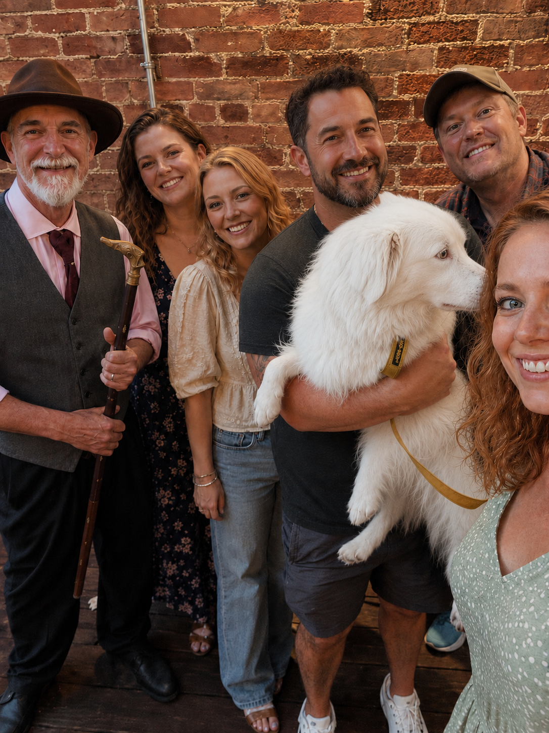 A group of six people and a golden retriever puppy posing for a photo against a brick wall. The group includes an older man with a beard and hat holding a cane, three women, and two men, all smiling happily.