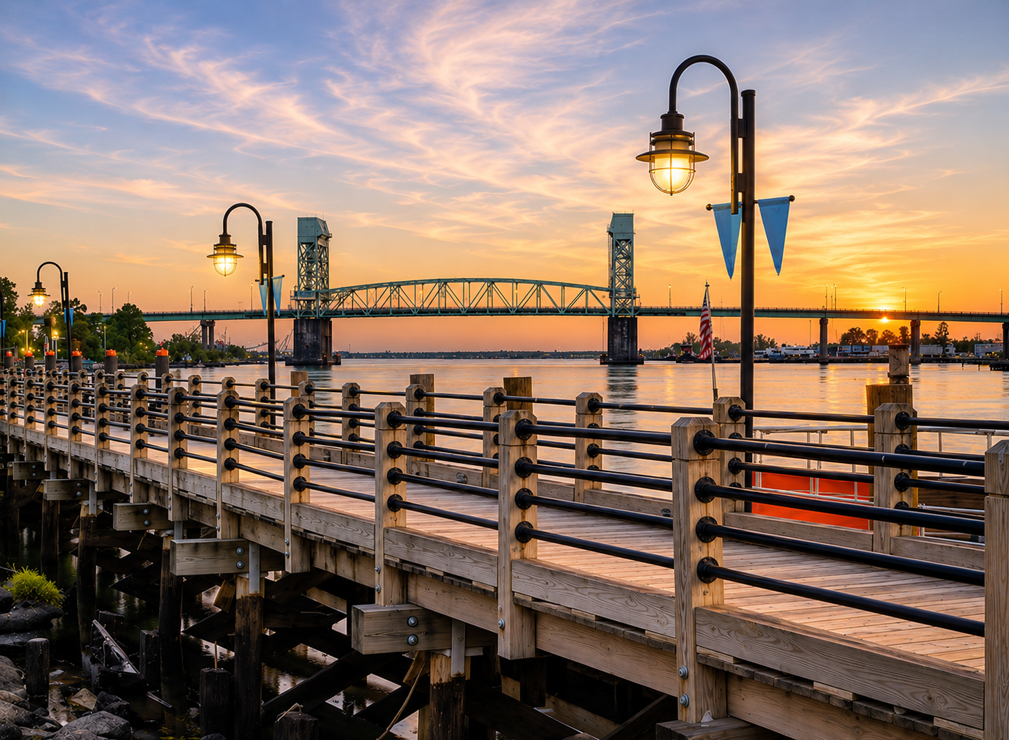 Sunset over a river with a bridge in the background and a wooden boardwalk with lampposts along the water's edge.