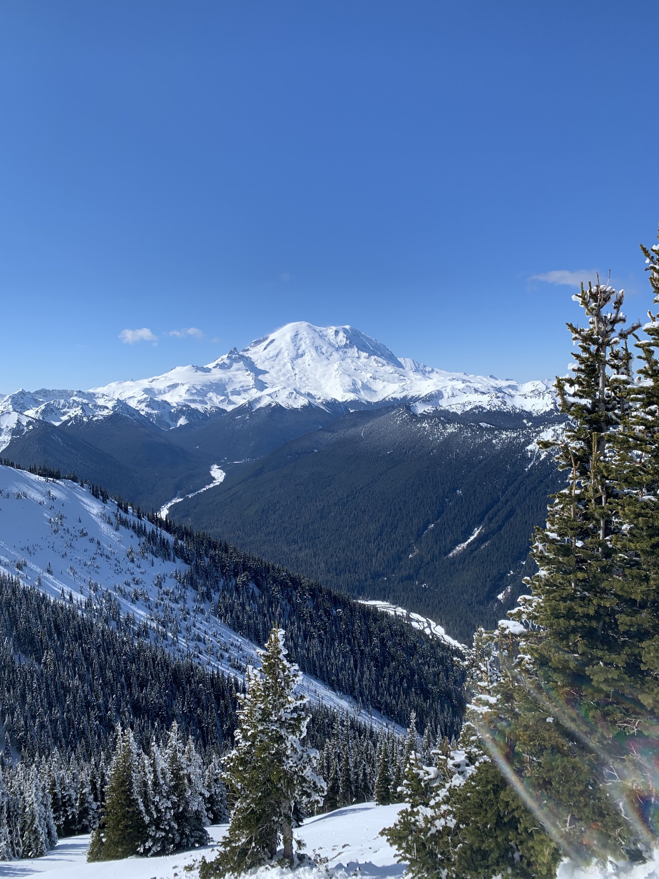 View of Mount Rainier from the Crystal Mountain ski area. Crystal clear blue sky surrounding a very snow-covered mountain.