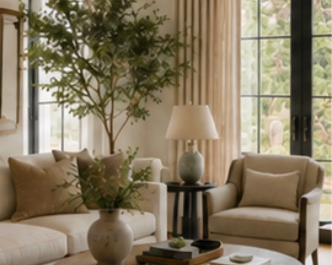 A cozy living room with beige sofas, an armchair, a side table with a lamp, a large potted plant, and window curtains, overlooking a garden.