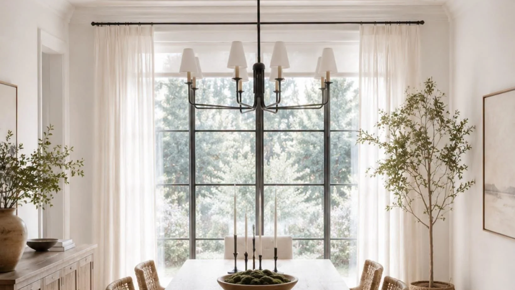 A dining room with a large window, white curtains, a chandelier, a wooden dining table, potted plants, and artwork on the walls.