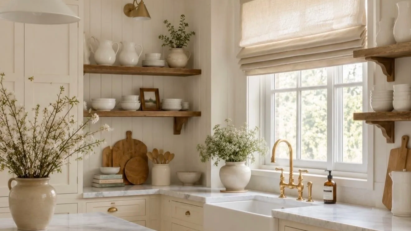 A cozy, well-lit kitchen with white cabinets, wooden open shelves holding white dishes, and a large window with beige Roman shades. A marble countertop features a potted plant, soap dispenser, and various kitchenware.