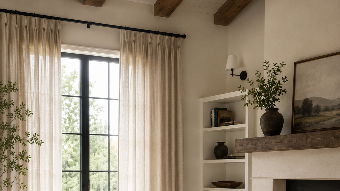 Interior of a room with beige curtains, a large window, a wooden ceiling, a wall-mounted lamp, a white bookshelf with books and decorative vases, a framed landscape painting, and a fireplace with a wooden mantel with a large vase and plant.