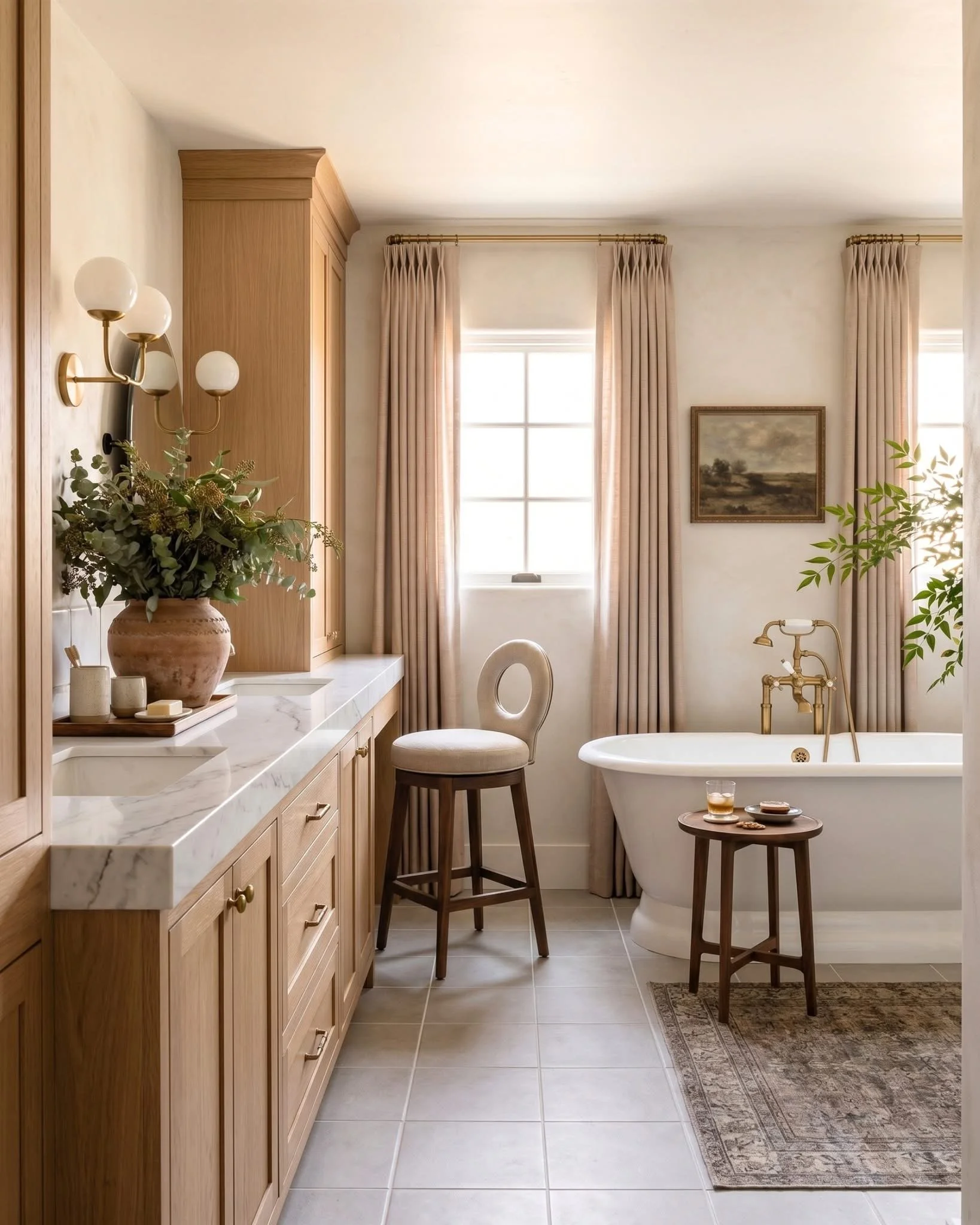 A bathroom with beige curtains, a framed landscape painting, a vintage clawfoot bathtub with a gold faucet, a wooden stool with a tray of coffee cups, a wooden chair, a granite countertop with a flower vase, a wall-mounted lamp with white globe bulbs, and beige tiled flooring.