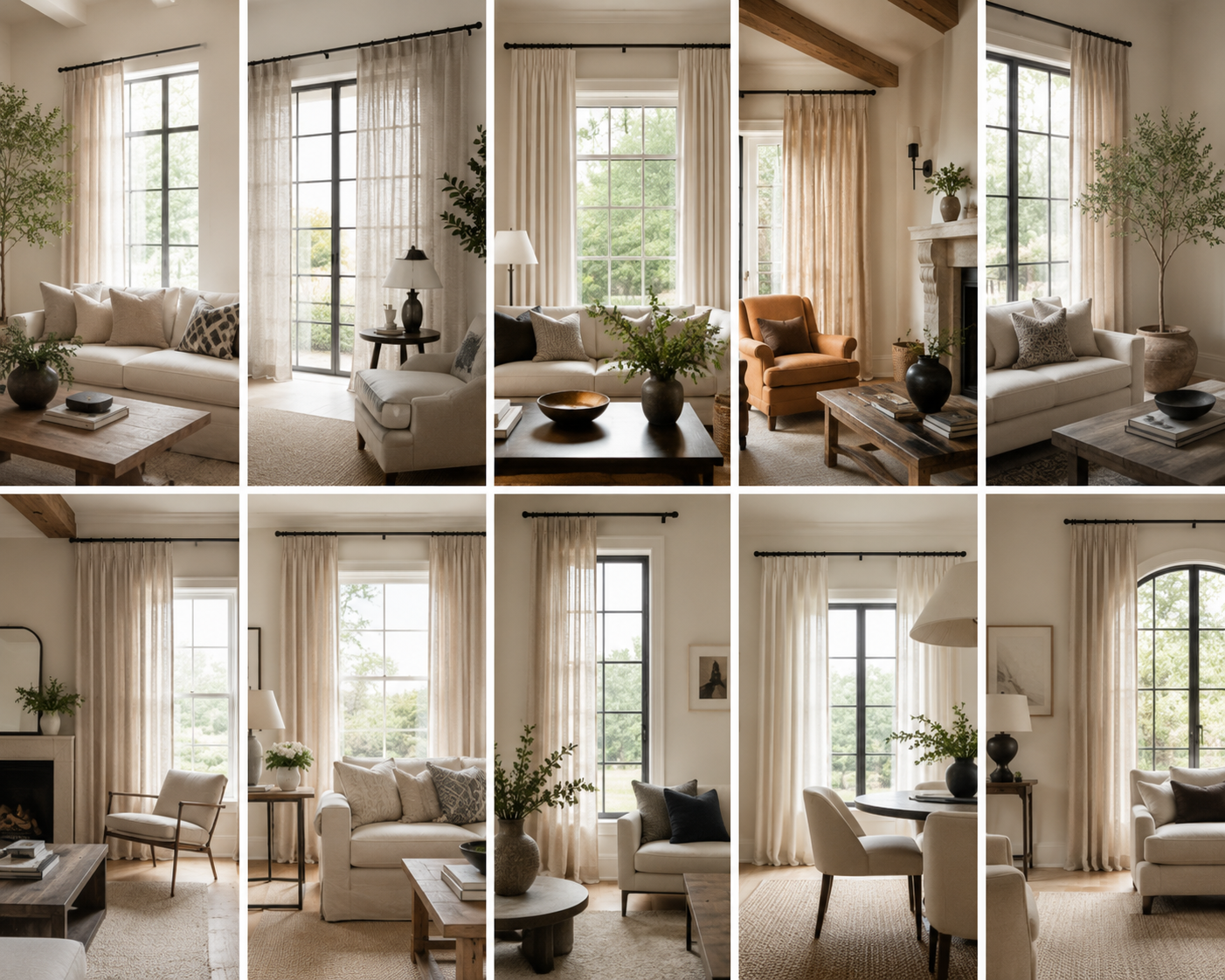 Collage of ten images of a living room with large windows, cream curtains, and neutral furniture, featuring sofas, armchairs, coffee tables, and decorative plants and lamps.