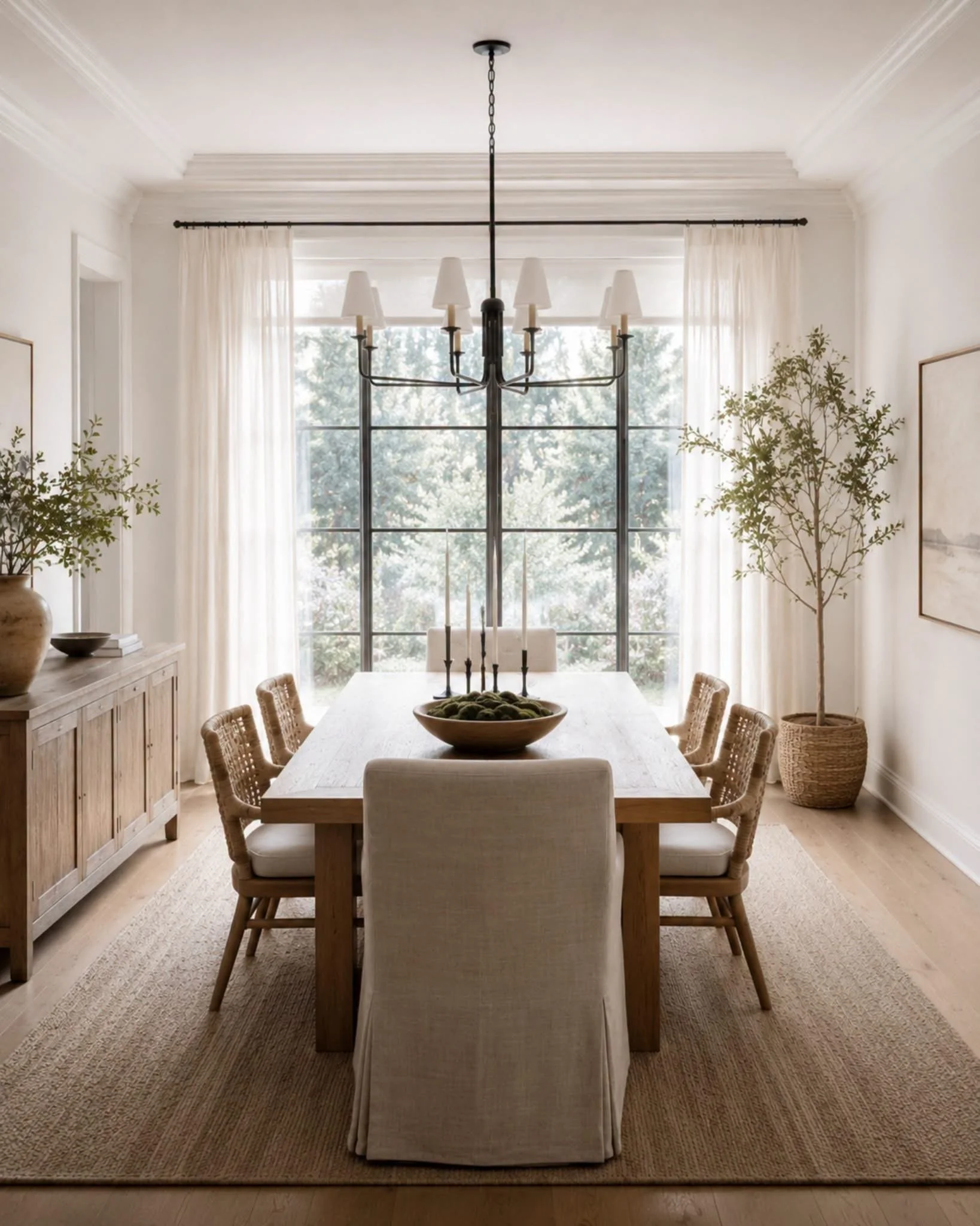 A dining room with a wooden dining table, six upholstered chairs, a chandelier hanging from the ceiling, a sideboard with decorative items, two large potted plants, large windows with sheer pinch pleat TwoPages curtains on sale with code GLOW.