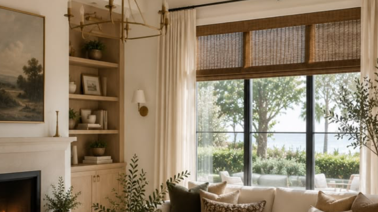 Living room with large window showing outdoor trees and patio, cream-colored sofa, built-in shelves with decorative items, framed landscape art, white curtains, and wooden blinds.