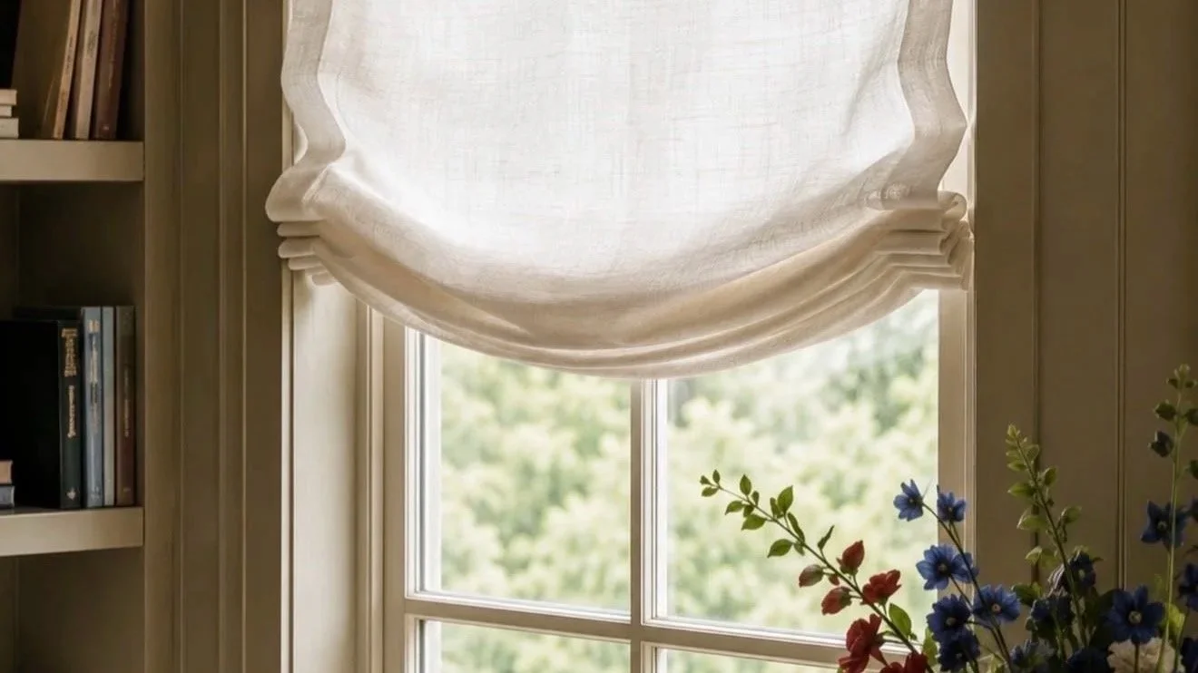 A window with a beige curtain partially pulled up, revealing a view of green trees outside. To the right, there is a vase of blue and red flowers. On the left side, part of a bookshelf with books is visible.