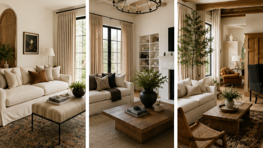 Three different living room scenes featuring white sofas, wooden coffee tables, large windows, potted plants, and neutral-toned decor.