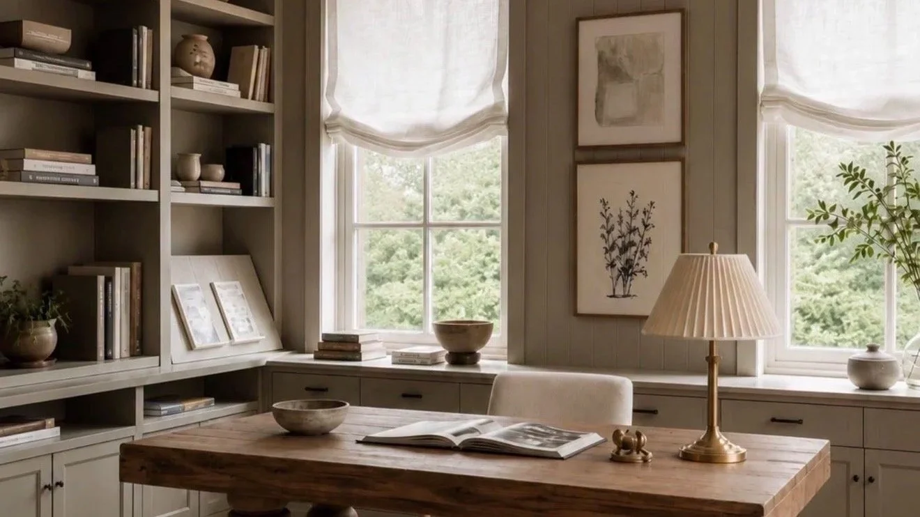 A cozy home office or reading nook with a large wooden table, a cream armchair, a table lamp, and a bookshelf filled with books and decorative items. Two windows with white curtains let in natural light, and there are framed pictures and potted plants on the windowsills.