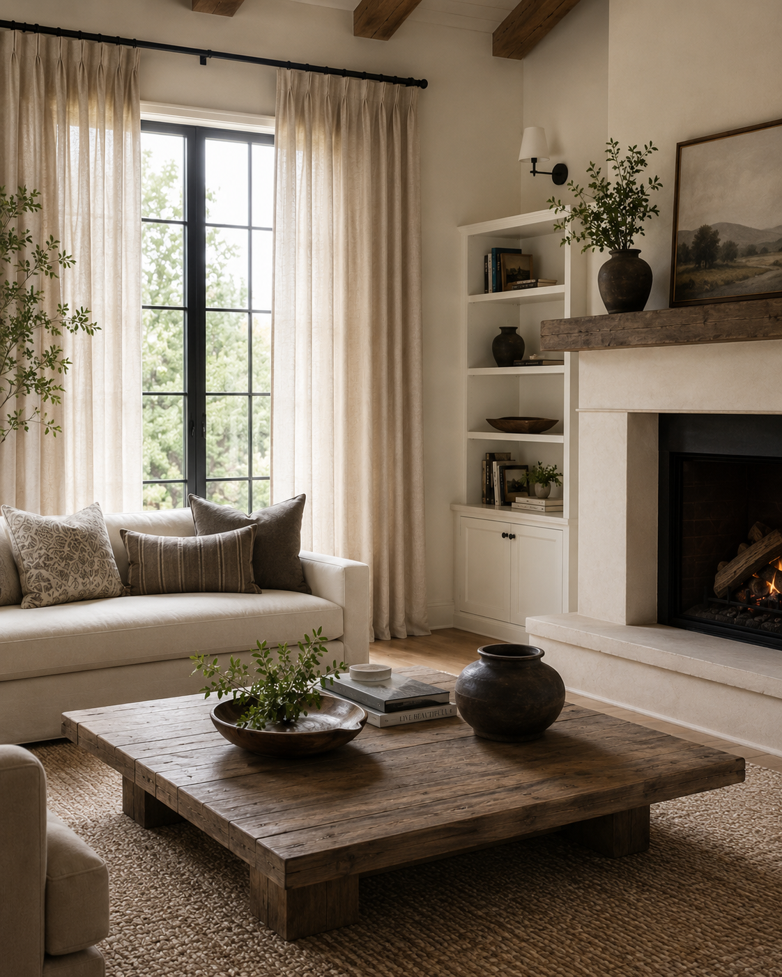 A cozy living room with a large window with cream-colored curtains, a white sofa with decorative pillows, a rustic wooden coffee table with vases and a plant, a built-in bookshelf with books and decor, a fireplace with a wooden mantel, and a wicker rug.