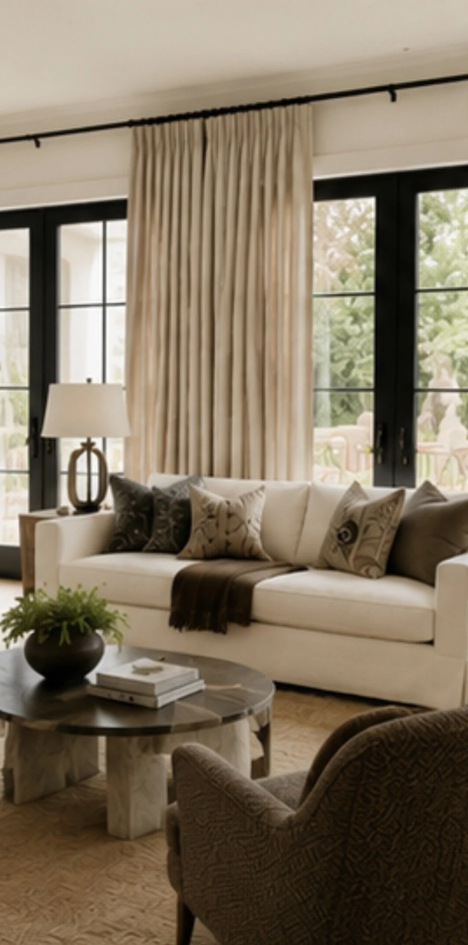 Living room with a white sofa, patterned pillows, a wooden side table with a lamp, a round coffee table with a potted plant, and large windows with beige pinch pleat TwoPages curtains on sale with code: GLOW