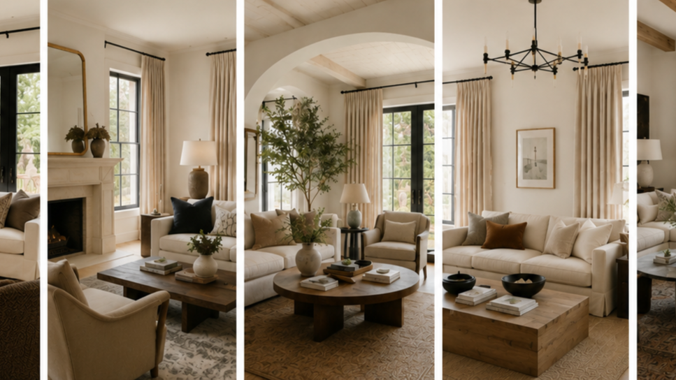 Cozy living room with large windows, beige curtains, white sofas, wooden coffee tables, and decorative vases with plants, illuminated by natural light and a chandelier.