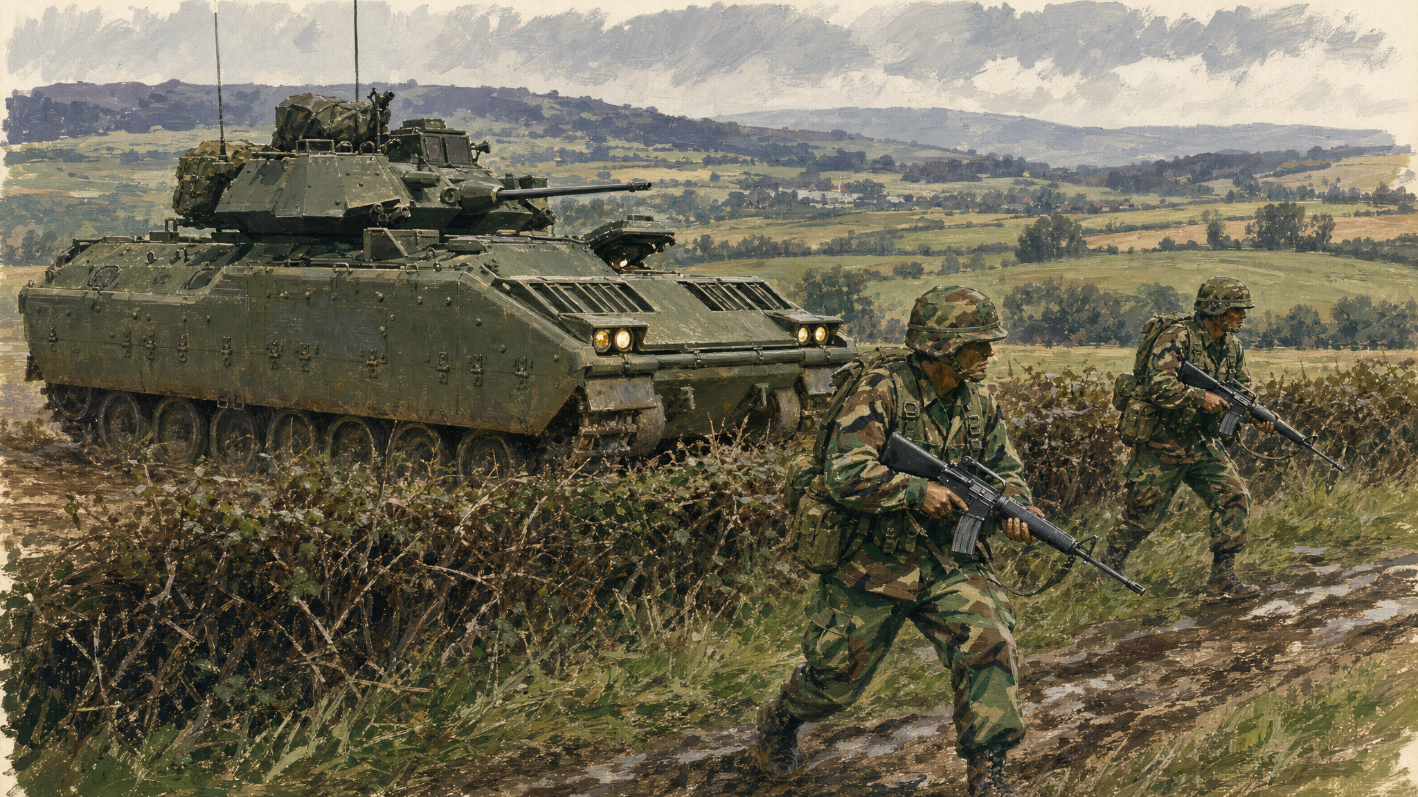 A US Mechanized Infantry Squad advances through a field, Germany, circa 1985