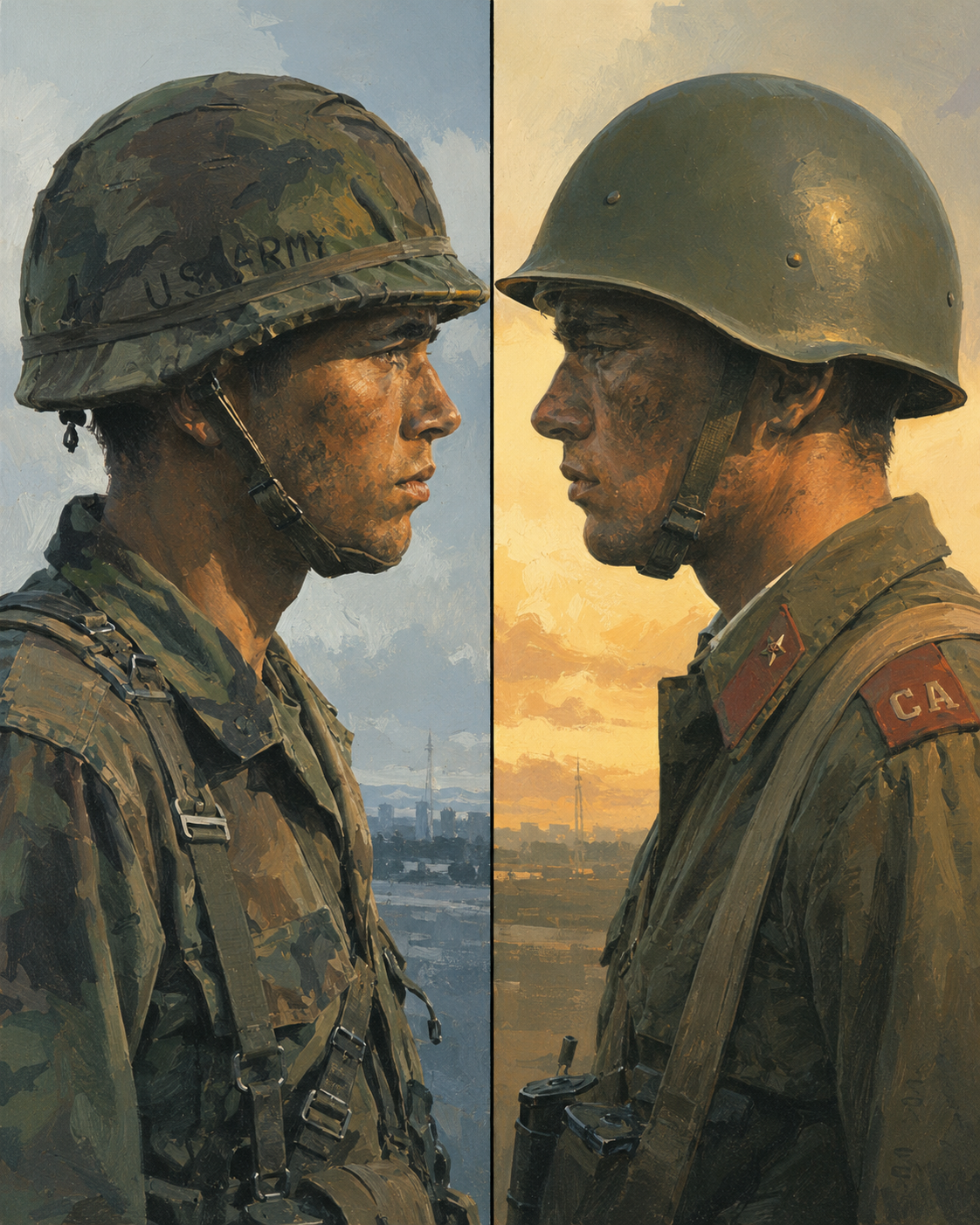 Shattered Doctrine Poster Image: US and Soviet Riflemen facing each other in a stand-off