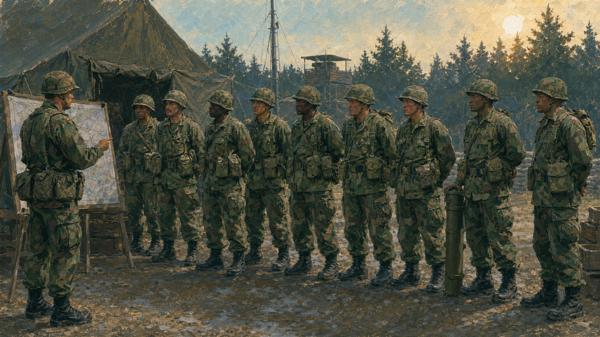 A US Mechanized Infantry Squad receives a briefing from their squad leader, Germany, circa 1985
