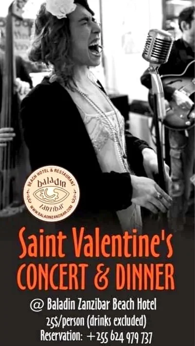A woman singing into a microphone during a concert at Baladin Zanzibar Beach Hotel. The event is called Saint Valentine's Concert & Dinner, costing $25 per person, drinks excluded, with a phone reservation number provided.