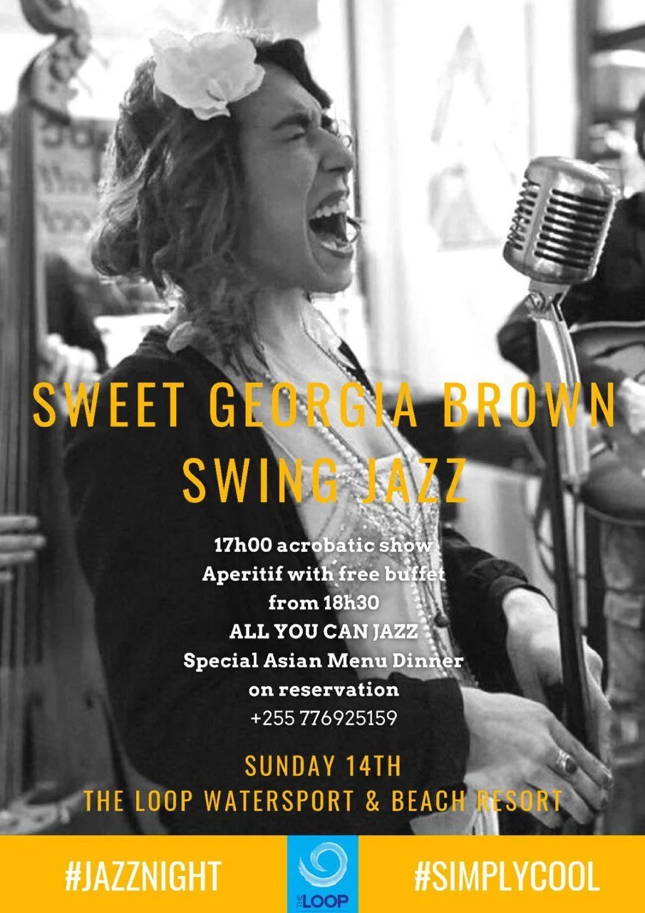 A woman singing into a vintage microphone at a jazz event. The image is in black and white, with yellow text overlay advertising a jazz night event at The Loop Watersport & Beach Resort.