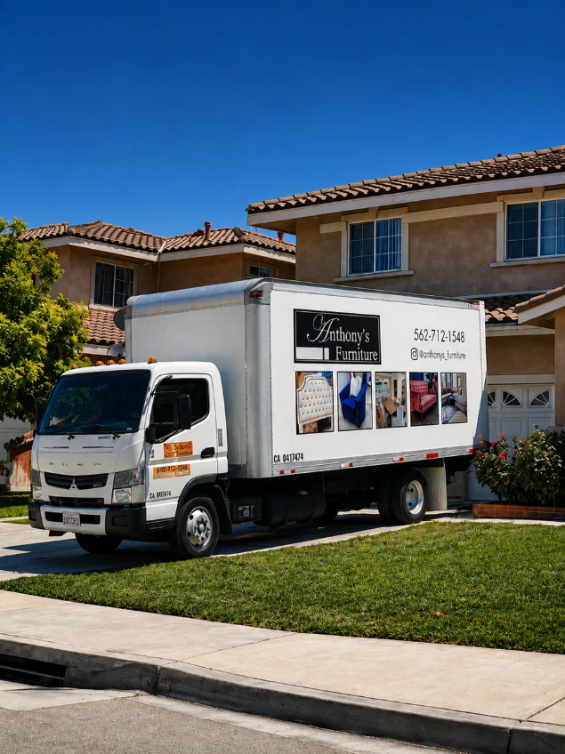 White furniture delivery truck parked on a residential street with houses in the background and a small garden with bushes and flowers.