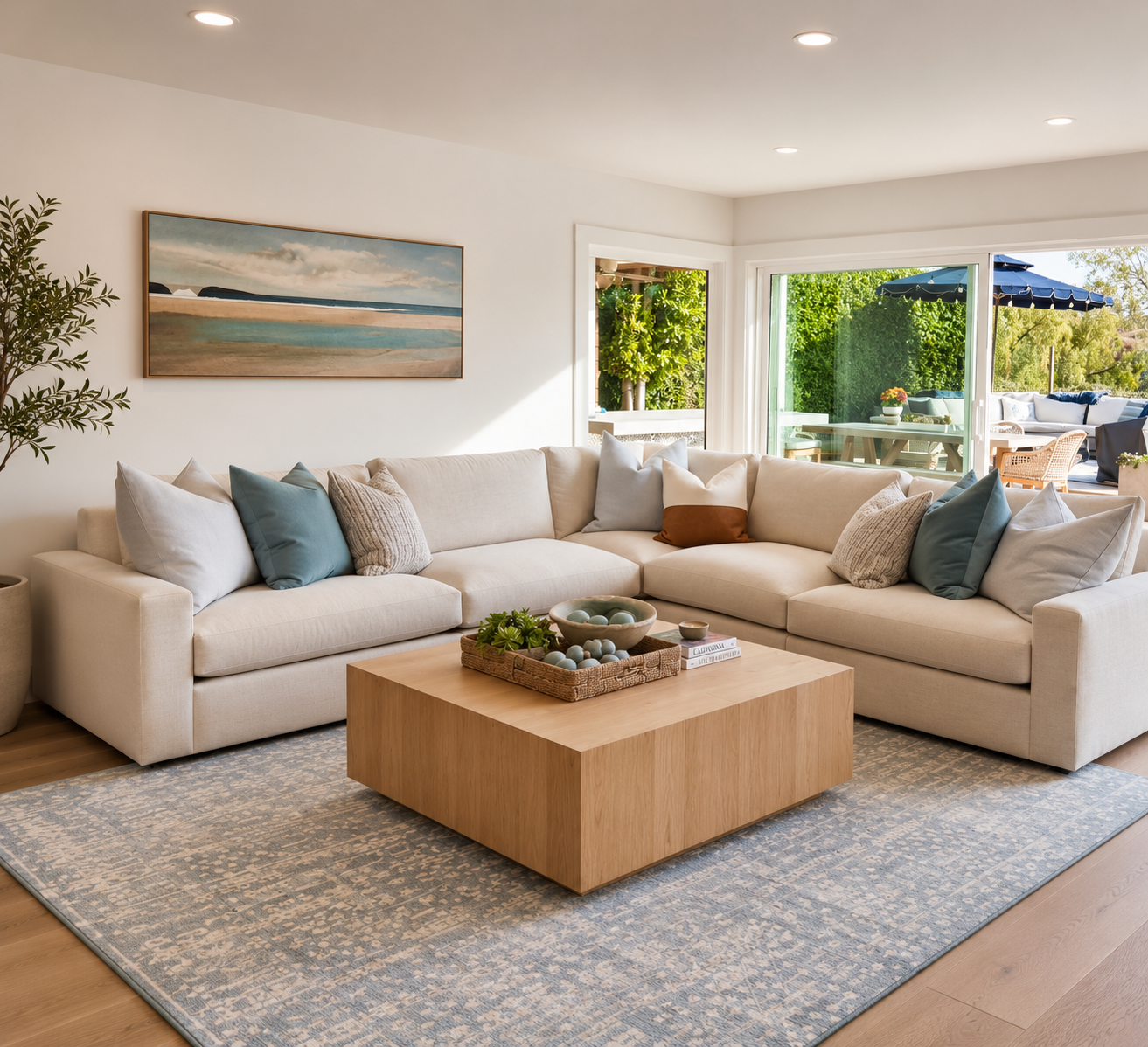 Living room with beige sectional sofa, assorted throw pillows, wooden coffee table with decorative balls and plants, patterned area rug, sliding glass door leading to outdoor patio, and landscape wall art.