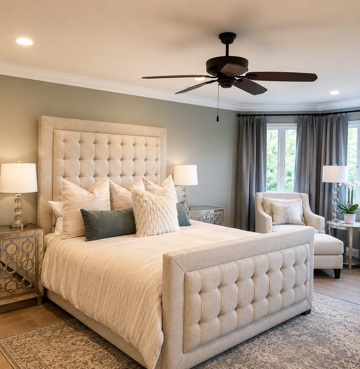 A spacious bedroom with a large beige tufted bed, decorative pillows, two bedside tables with lamps, a cozy armchair near the window, and a ceiling fan.