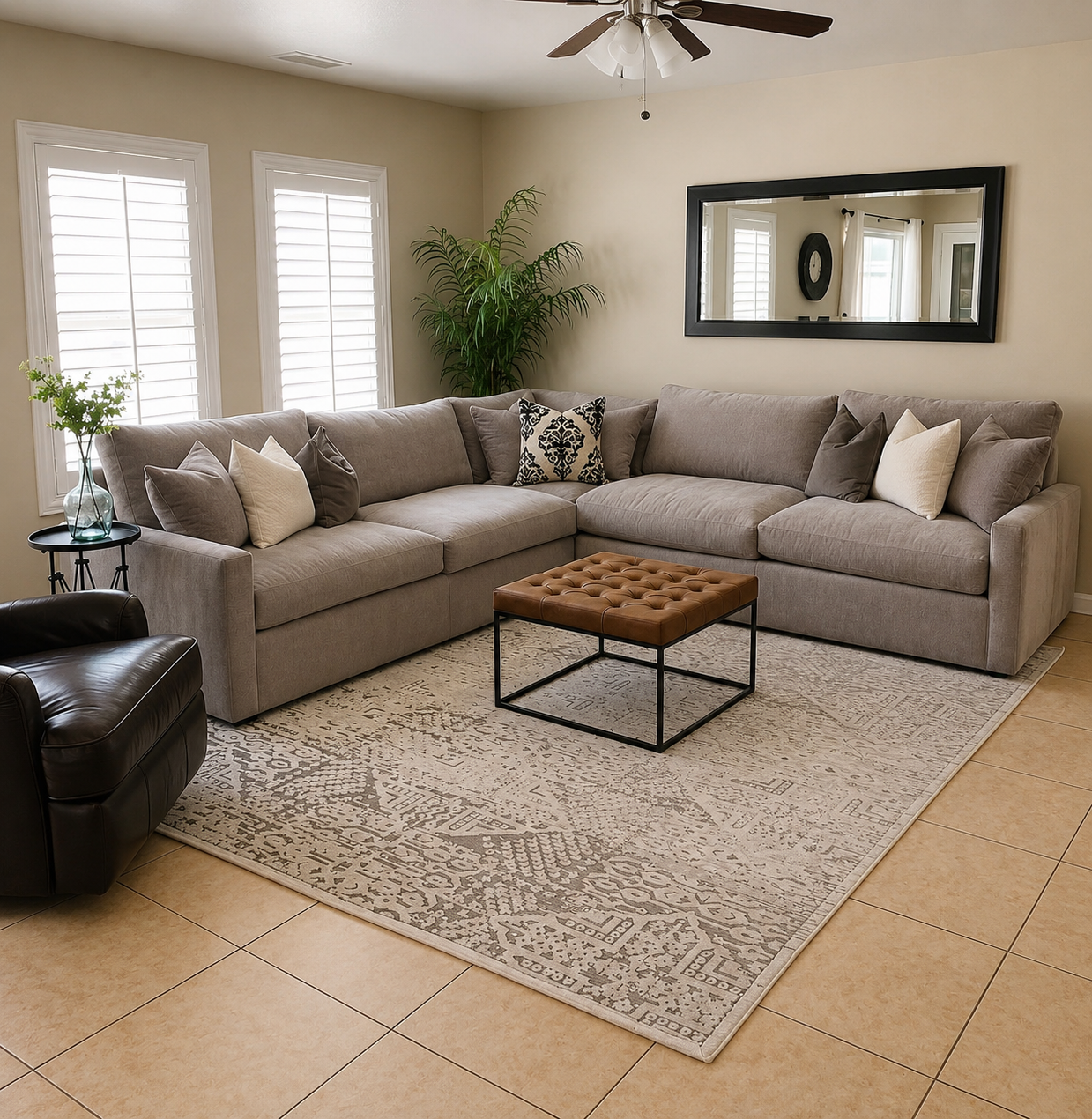 Living room with beige walls, a large gray sectional sofa with multiple pillows, a dark brown leather armchair, a black metal side table with a glass vase of greenery, a patterned rug, a tufted brown ottoman, a large wall mirror, and a ceiling fan wi