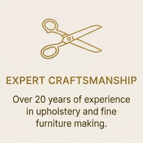 Illustration of a pair of scissors above the text "Expert Craftsmanship" and a description stating "Over 20 years of experience in upholstery and fine furniture making."